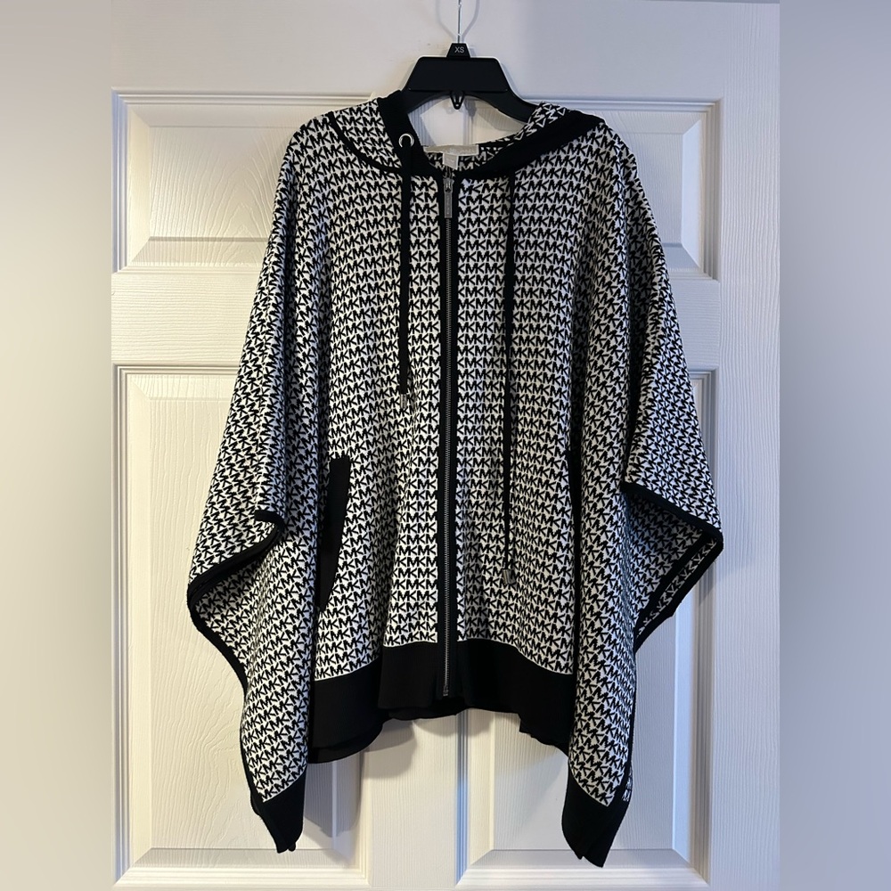 Michael Kors Signature Black and White Hooded Cape